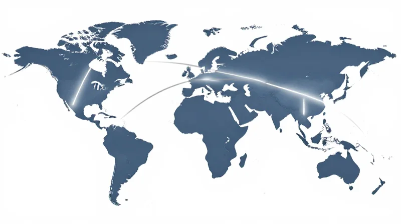 Path Optimization and Geodesic Routes A global map showing direct linear connections between financial hubs using light trails.
