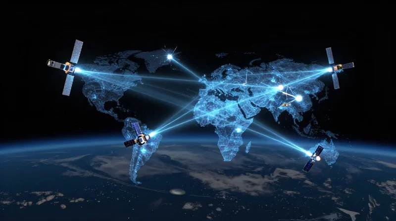 The Future of HFT Connectivity: Quantum and LEO Satellites Satellites in Earth's orbit exchanging data via laser links in a dark space setting.