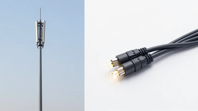 Side-by-side comparison of a microwave transmission tower and a spool of fiber optic cable.