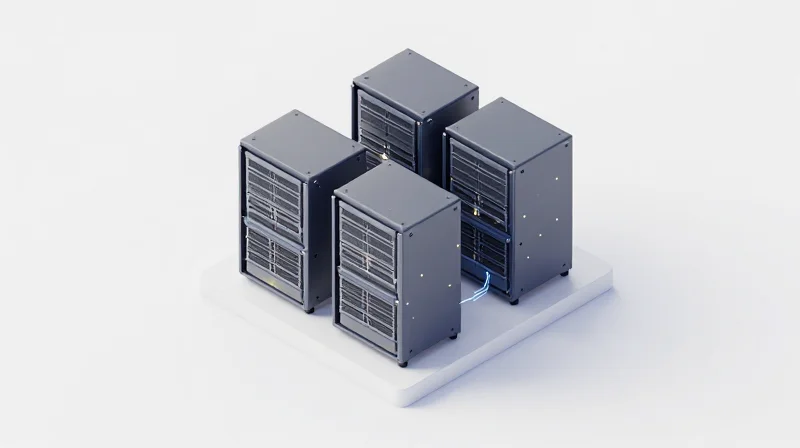 Isometric 3D model of a high-performance network switch and SmartNIC infrastructure.