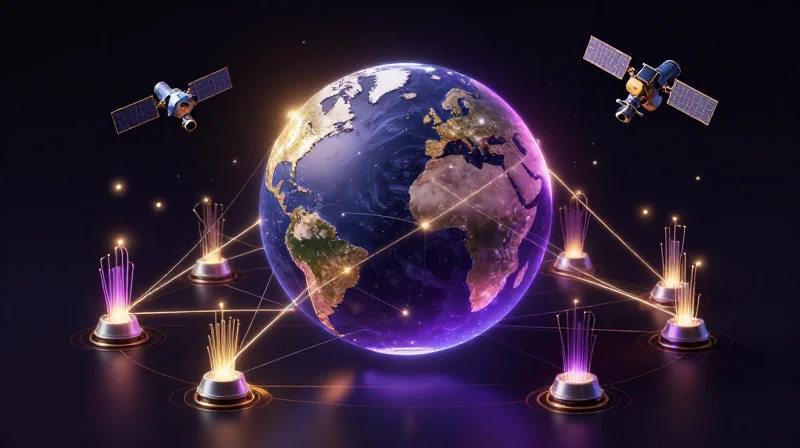 Global network showing fiber optic lines and low-earth orbit satellites for financial data.