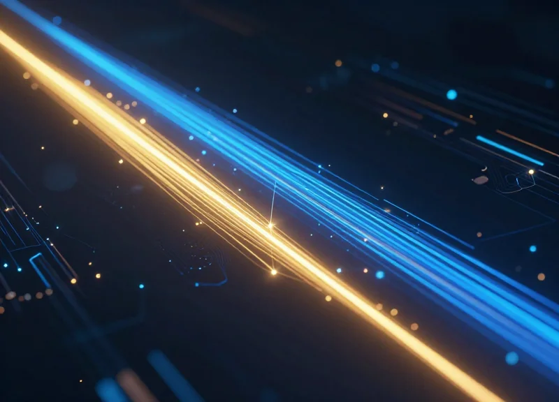 An abstract visualization of high-frequency trading data streams, featuring glowing blue and gold light trails representing different speed tiers and performance levels in a dark, high-tech environment.