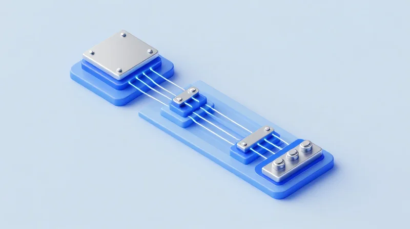 Isometric 3D model of a signal pathway with glowing light lines.