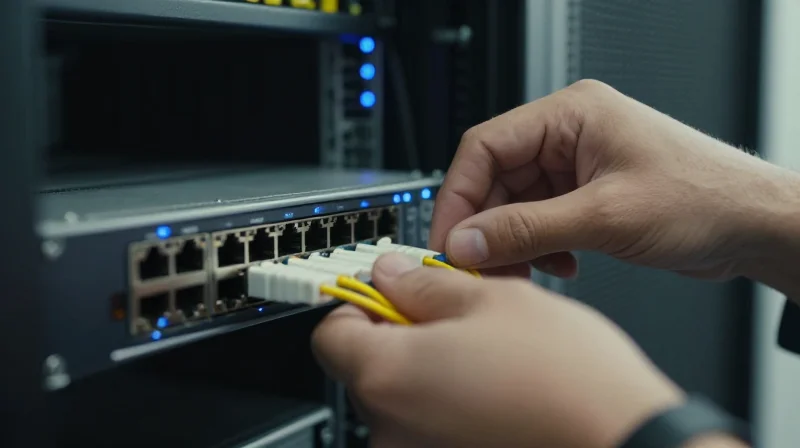Professional installing an optical module into a server rack.
