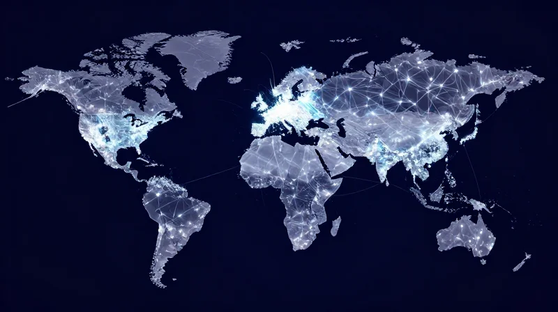 Global map with glowing interconnected network nodes.