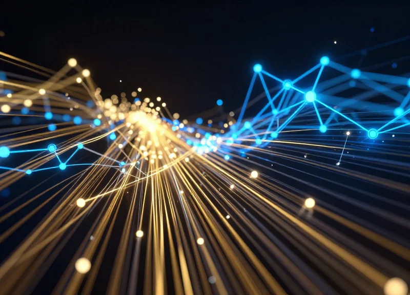 An abstract digital visualization of high-speed global financial networks featuring glowing golden and blue data streams, interconnected nodes, and light trails on a dark tech-themed background.