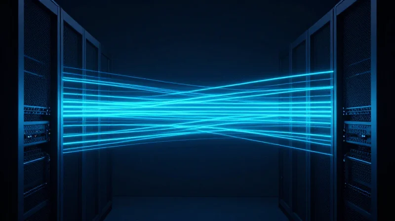 Visual representation of direct signal paths between server racks to show low latency.