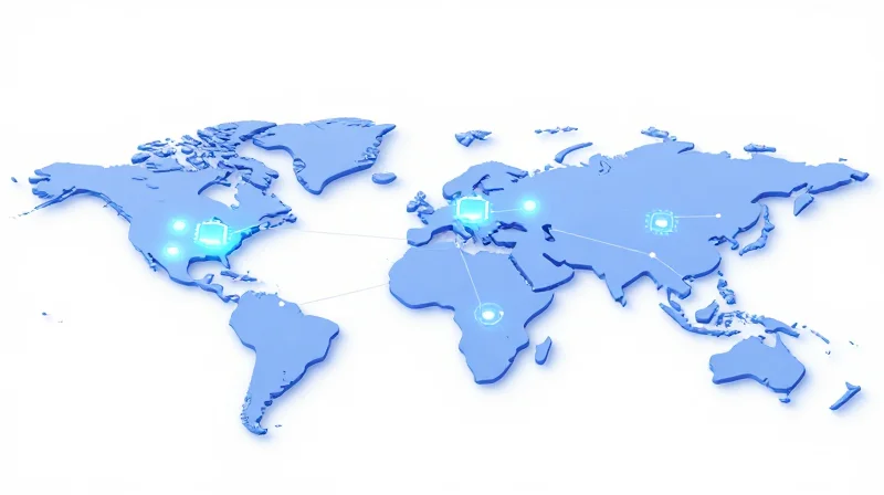 Isometric view of a global logistics network for financial technology hardware.