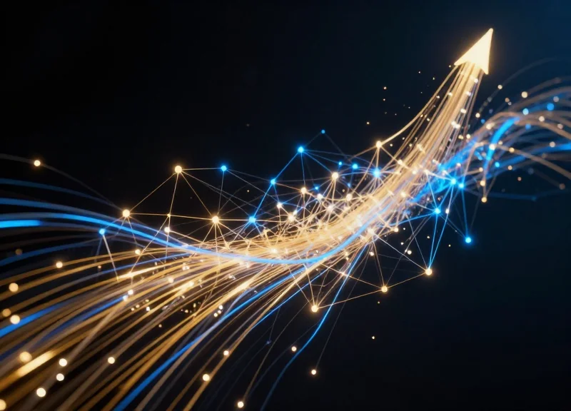 High-speed abstract data visualization with glowing blue and gold fiber optic streams representing financial trading links and connectivity.
