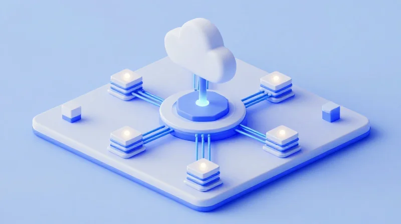 Isometric 3D illustration of a distributed edge computing network connecting local nodes to a central cloud.