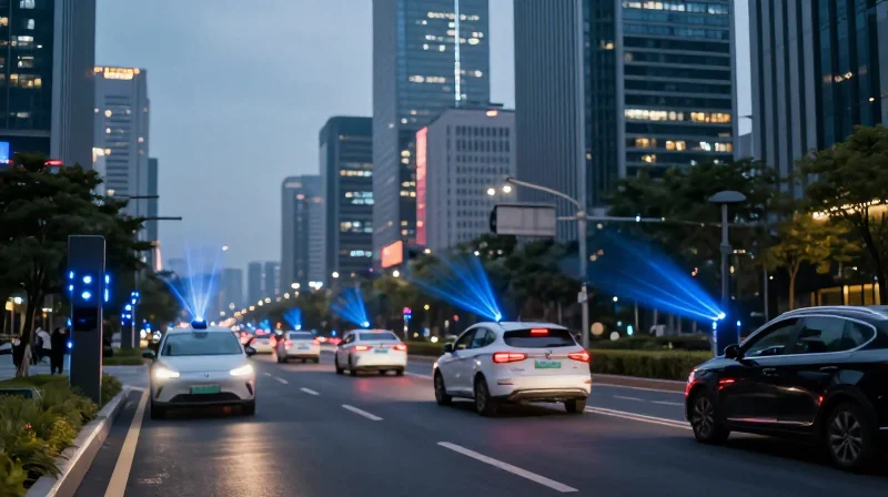 Photorealistic scene of autonomous vehicles in a futuristic city, representing low-latency 5G connectivity.