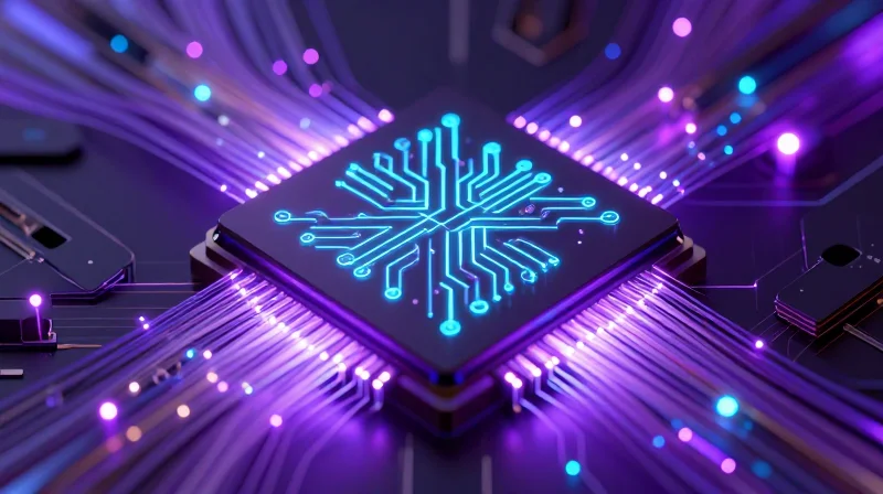 Futuristic microchip design with integrated fiber optics and AI neural pathways.