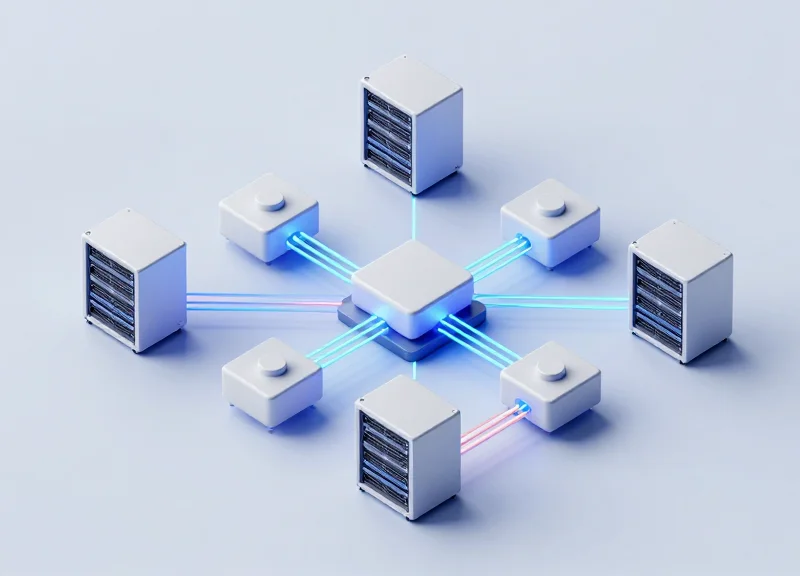 An isometric 3D illustration of a distributed edge computing network showing modular server blocks connected by glowing data transmission paths.