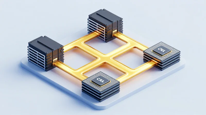 Isometric 3D view of server components with memory pooling and cache coherency pathways.