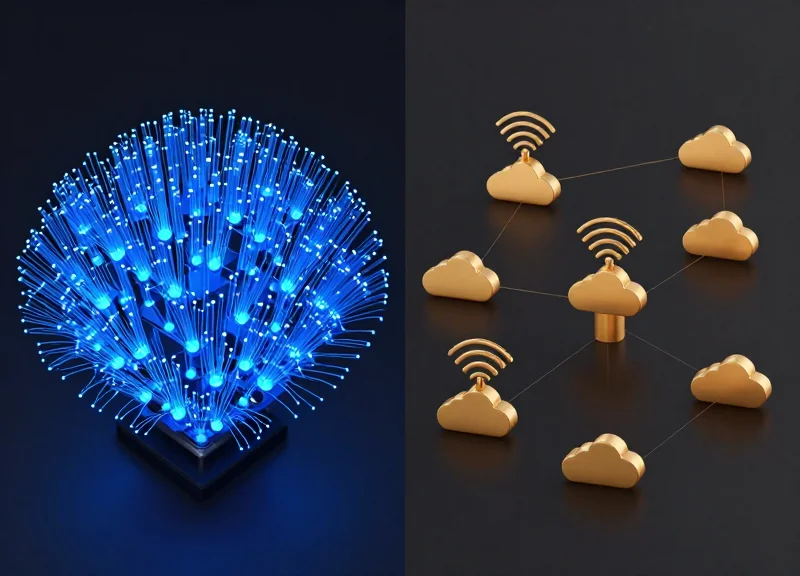 A side-by-side visual comparison of two different edge computing network architectures, showing one with high-speed specialized interconnects and the other with standard alternative connectivity, presented in a clean high-tech studio environment.