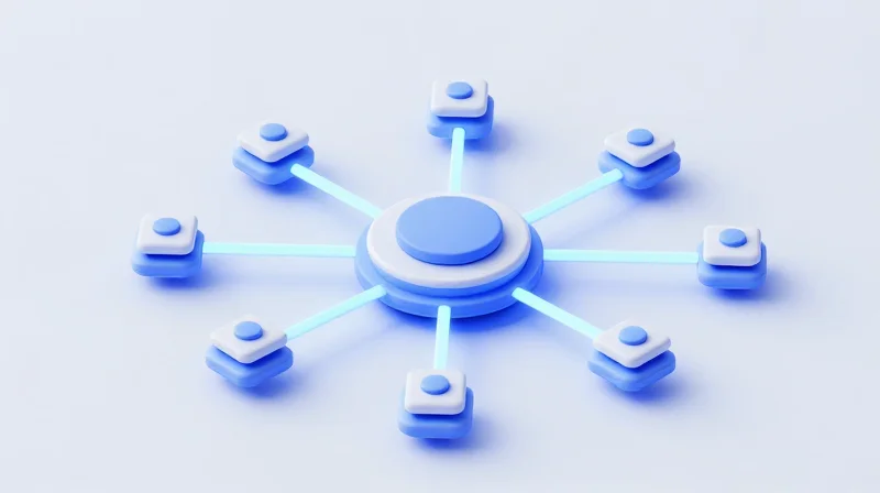 The Evolution of Edge Computing Architecture Isometric 3D illustration showing a transition from a centralized cloud cluster to a distributed network of smaller nodes connected by glowing lines.