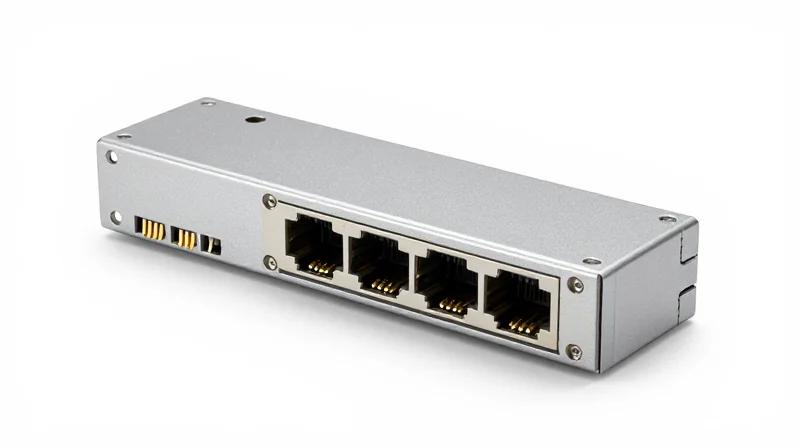 Ubytelink Technical Advantage: High-Performance Optical Modules A high-performance optical transceiver module on a pure white background with matte metallic finish and precise gold connectors.
