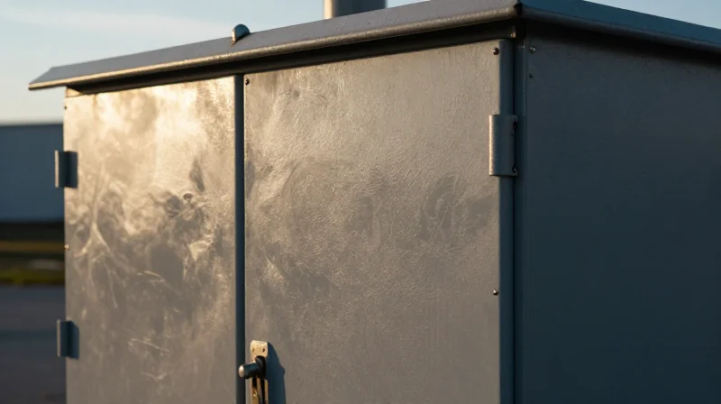 Industrial-Grade Durability for Harsh Edge Environments Close-up of a rugged telecommunications cabinet in a harsh, outdoor industrial setting with natural sunlight and textured surfaces.