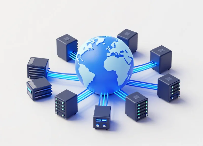 Isometric 3D illustration of a global edge computing network with interconnected data modules and glowing light paths.