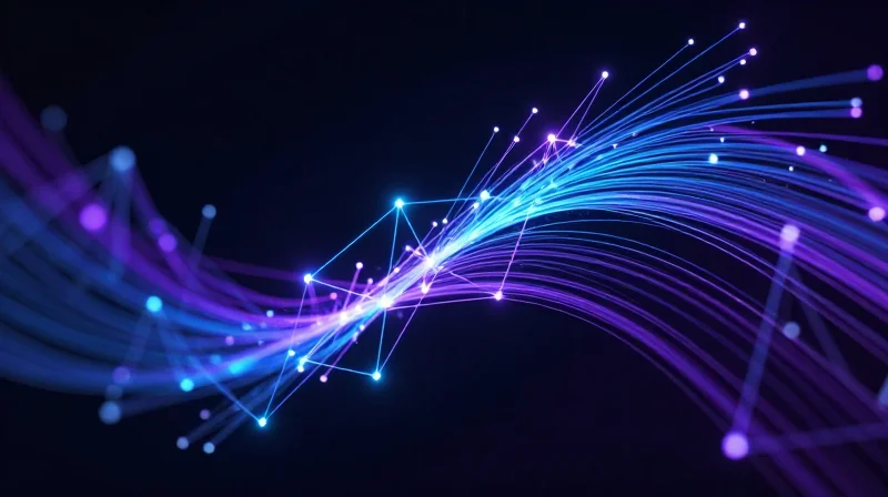 Abstract digital visualization of a decentralized edge computing network with glowing fiber optic nodes.