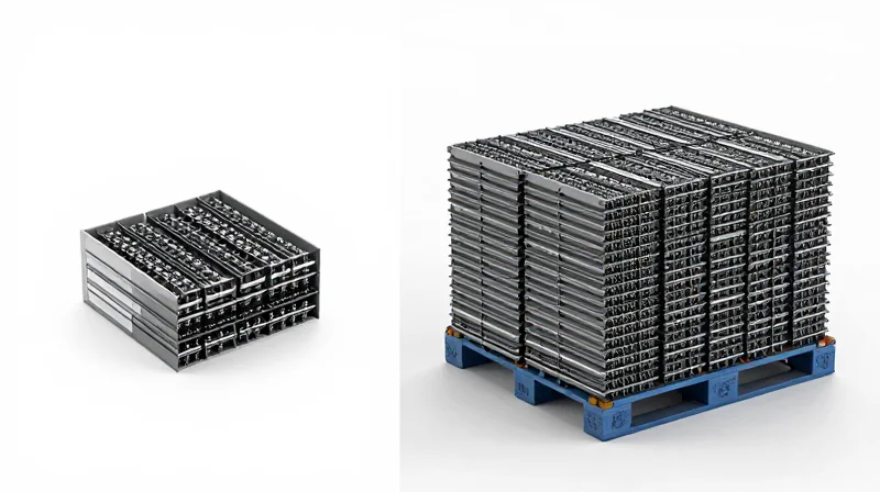 Side-by-side visual comparison of a single retail package versus a bulk wholesale pallet of network hardware.