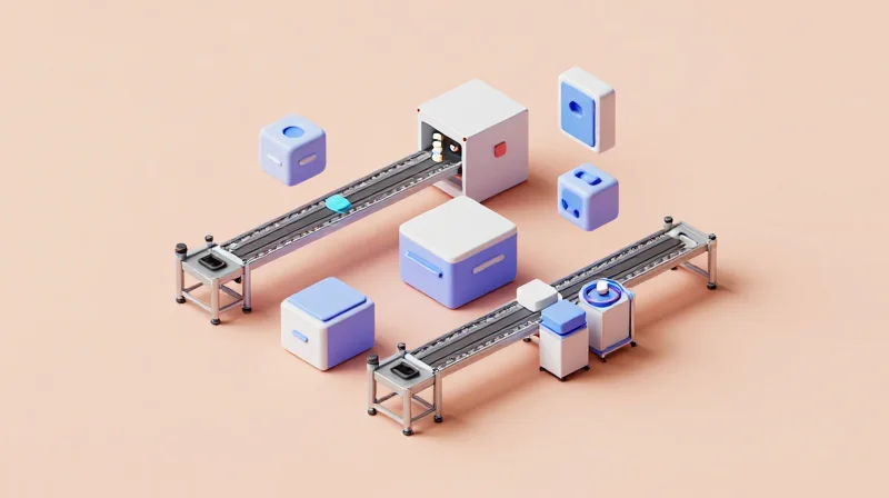 Isometric 3D model of a custom hardware manufacturing and design process.