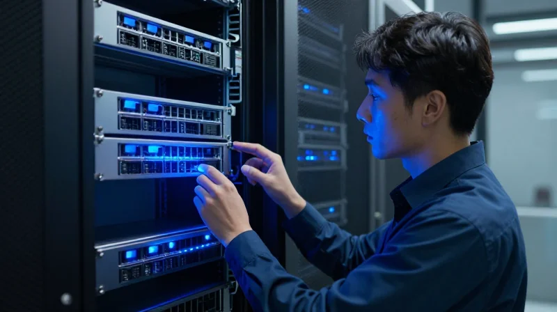 Professional technician managing scalable edge computing server racks in a modern data center.