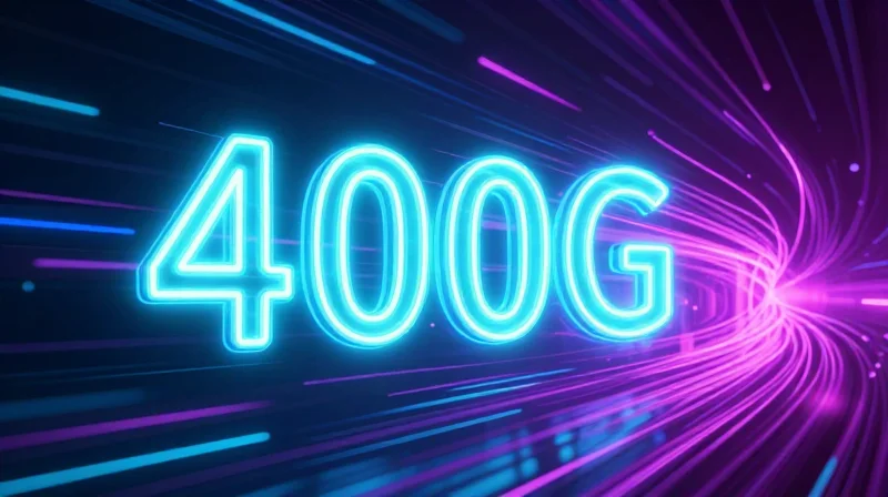 Futuristic tech concept showing ultra-fast data streams for 400G network evolution.
