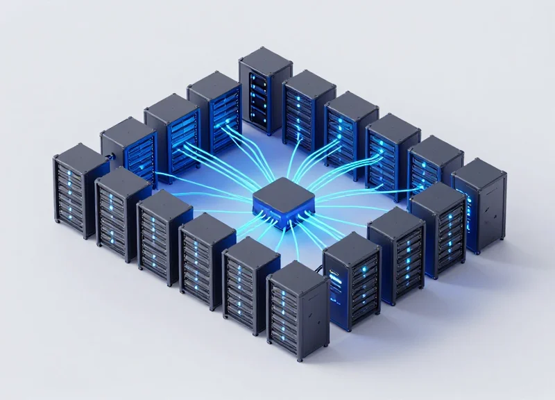 Isometric 3D illustration of a modular edge computing data center with interconnected servers and glowing blue light pathways on a clean light gray background.