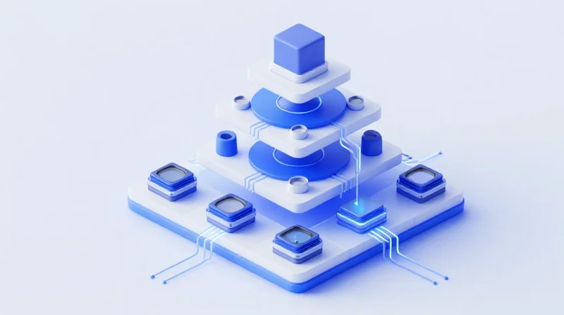 The Anatomy of the Optical Supply Chain Isometric 3D illustration of a hierarchical optical production system showing layered modules from base materials to final integrated photonics.