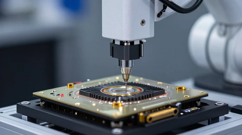 Packaging and Assembly: The Role of OSATs Close-up of a high-precision robotic assembly tool performing thermal management and alignment on an optical module.