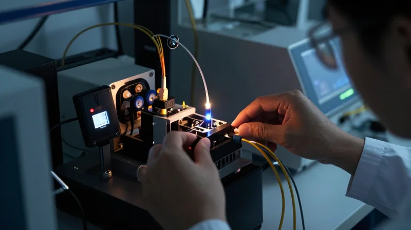 Testing and Quality Assurance Protocols Laboratory testing environment for optical components with glowing laser signals and digital sensors.