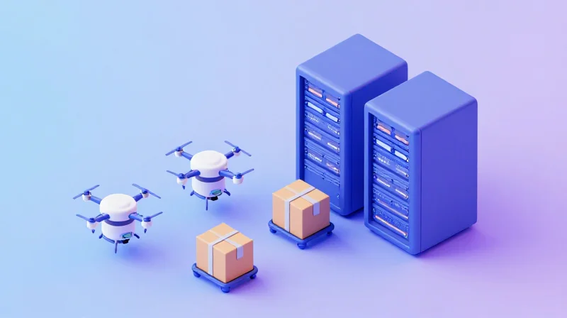 Logistics and Just-in-Time Delivery for Data Centers Isometric 3D representation of an automated logistics hub delivering optical components to a data center infrastructure.
