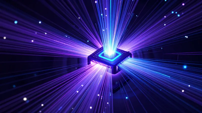 Future Innovations: Co-Packaged Optics (CPO) and 1.6T Futuristic abstract concept showing high-density data flow and co-packaged optical nodes.