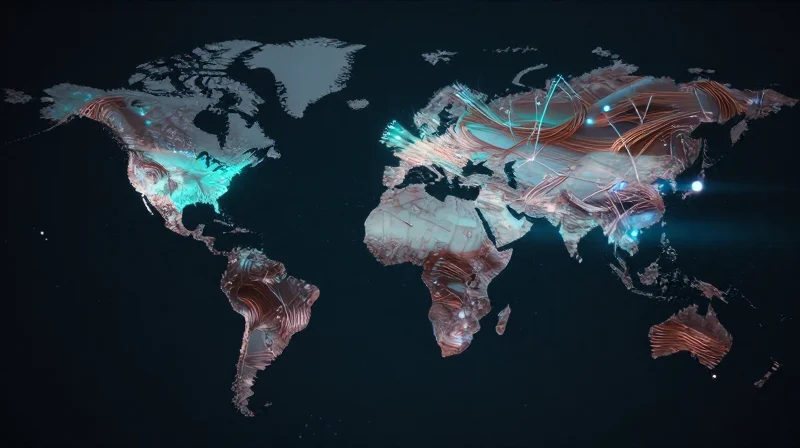 The Current Landscape of Global Optical Supply Chains Abstract representation of a global network transitioning from copper wires to glowing fiber optic light streams.