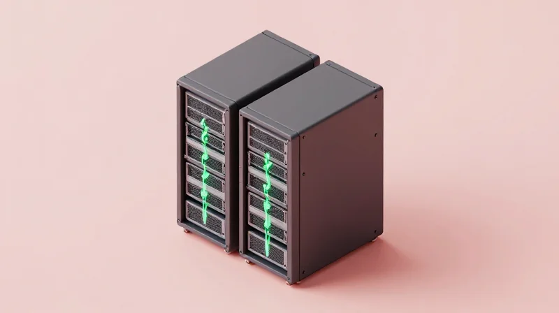 Power Consumption and Thermal Efficiency Isometric 3D illustration of a modular server rack with glowing green energy paths representing thermal efficiency.