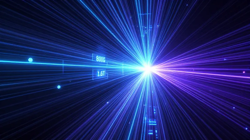 Scalability and Future-Proofing for 800G and Beyond Futuristic data tunnel with light beams accelerating into the distance.