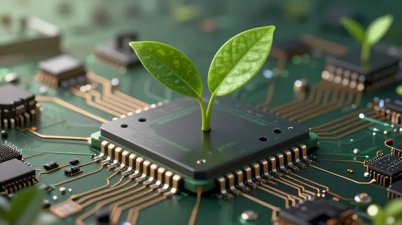 Environmental Impact and Sustainability Compliance Surrealism art of a microchip with green leaves sprouting from its circuits.