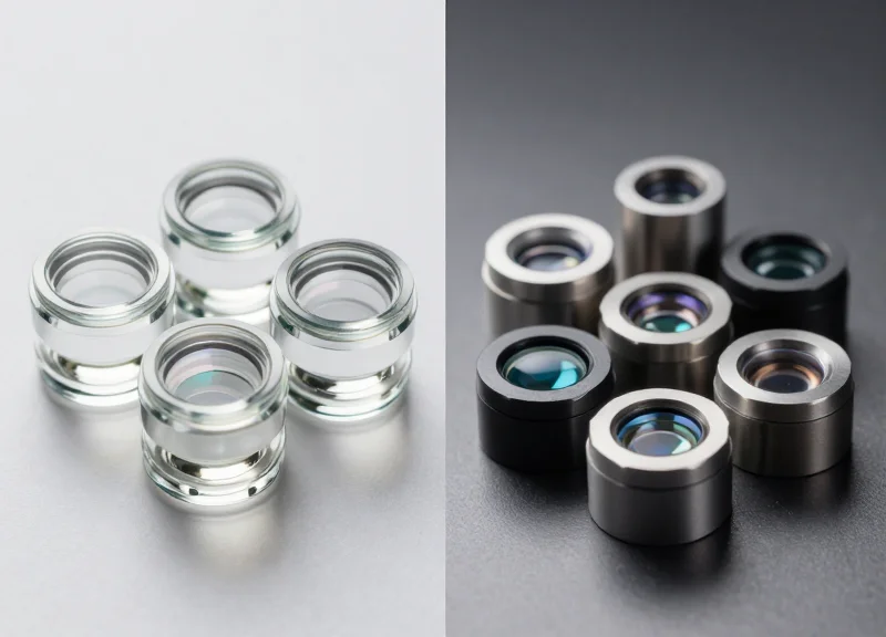 A side-by-side professional comparison of high-precision glass optical lenses and modern alternative composite components on a sleek dark surface.