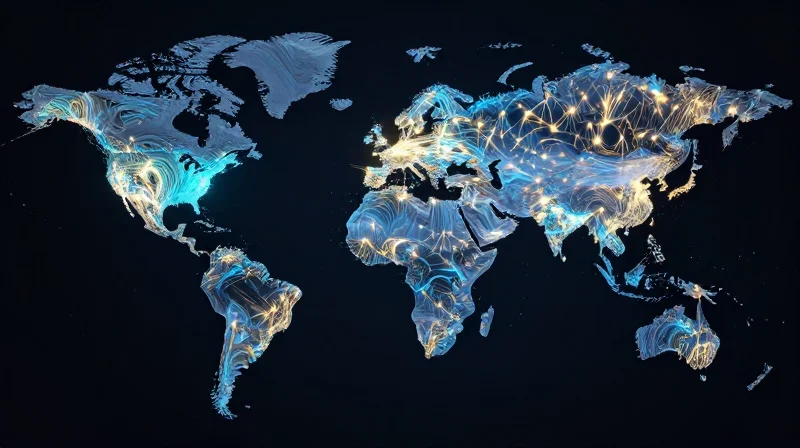 Abstract visualization of a global fiber optic network with glowing connection points and data streams.