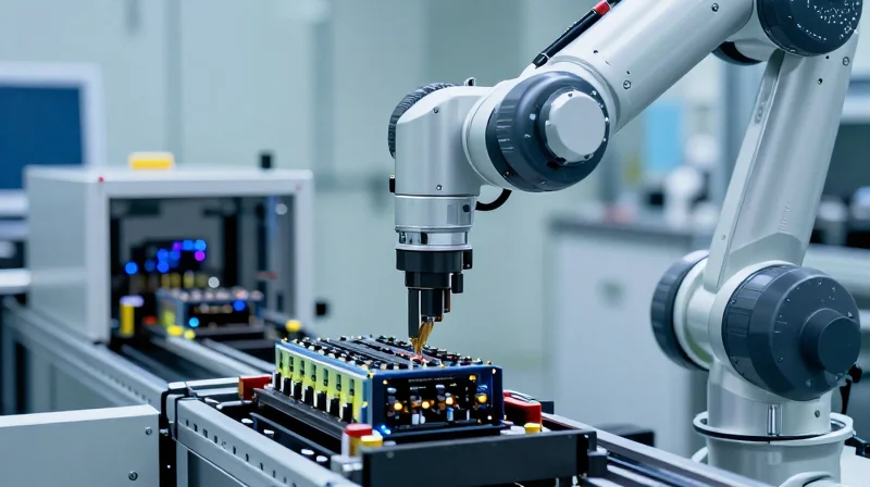 Close-up of a high-tech manufacturing facility for optical components with precision equipment.