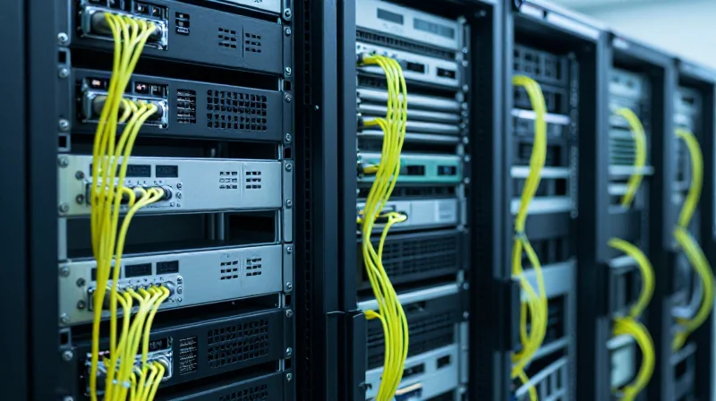 A sophisticated verification laboratory showing networking racks connected with fiber optic cables for testing.