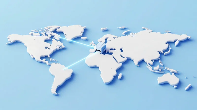 An isometric 3D representation of a global distribution network with connected logistics hubs and routes.