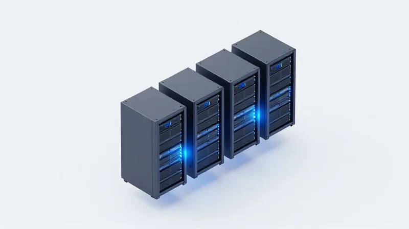 Modular 3D illustration showing the expansion of data center server blocks for scalability.