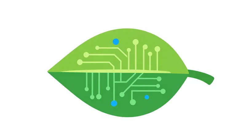 A flat vector illustration combining technology elements with a green leaf to represent sustainable supply chains.