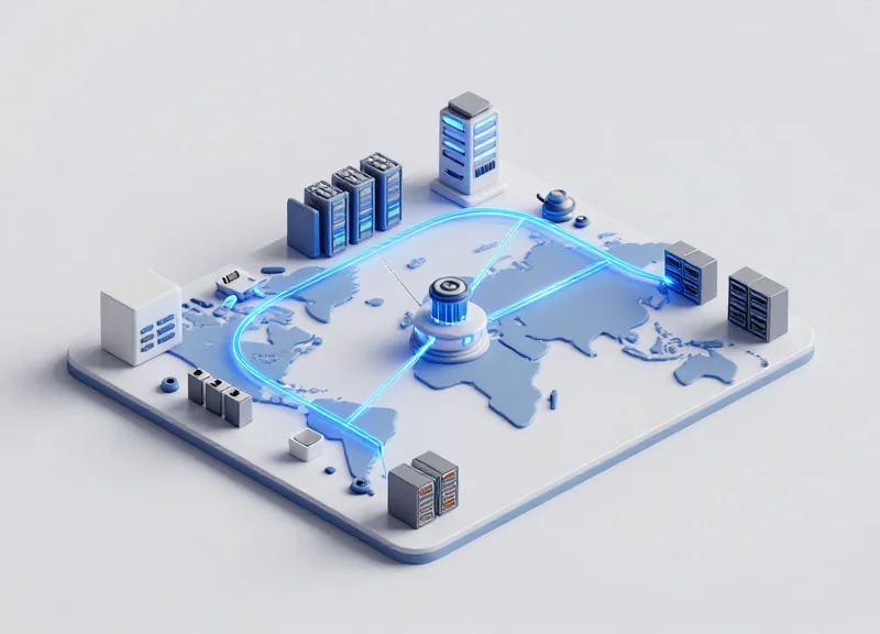 An isometric 3D illustration showing a global logistics network for fiber optic components, featuring miniature servers, glowing optical cables, and distribution hubs on a clean background.