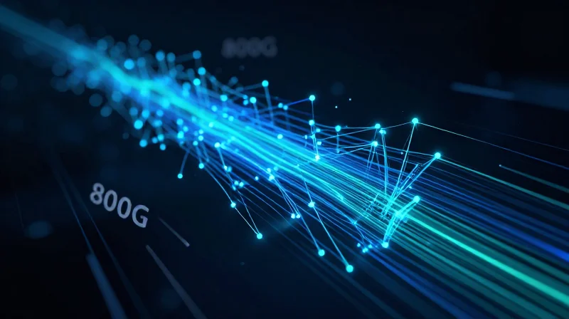 Abstract digital representation of high-speed data flow and 800G bandwidth expansion.