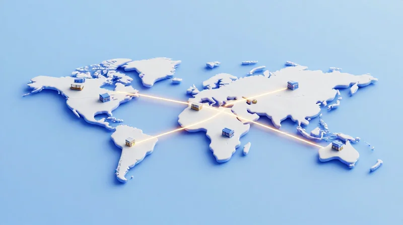 Isometric 3D model of a global logistics network with connected hubs and shipping routes.