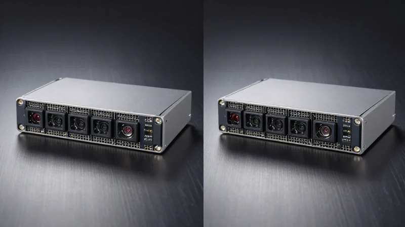 Side-by-side comparison of two high-end optical transceivers showing different manufacturing styles.