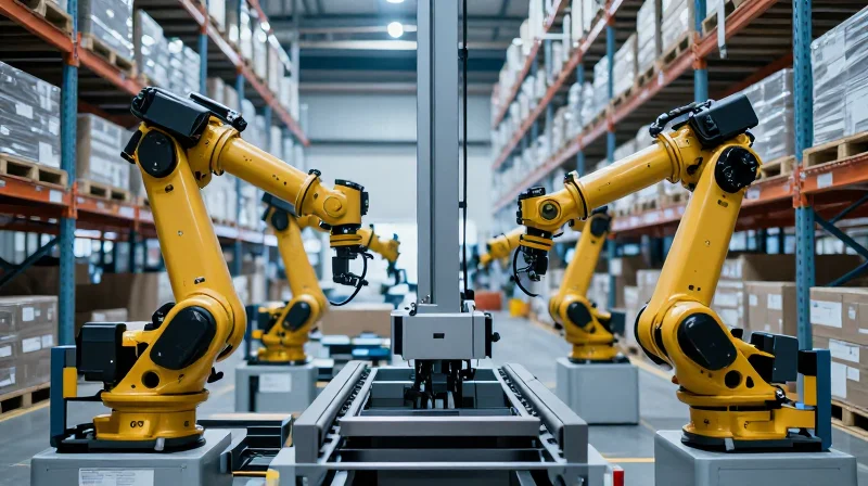 Photorealistic view of an advanced automated distribution center with robotics.